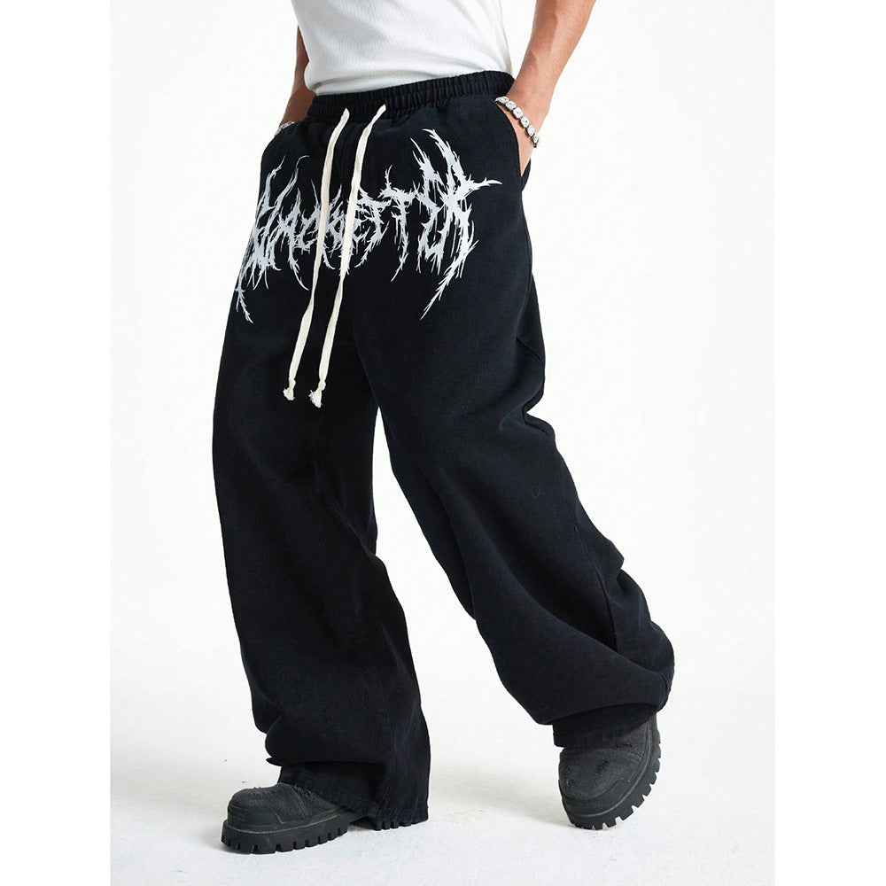 Wide-Leg Graphic Sweatpants with Abstract Print and Long Drawstrings