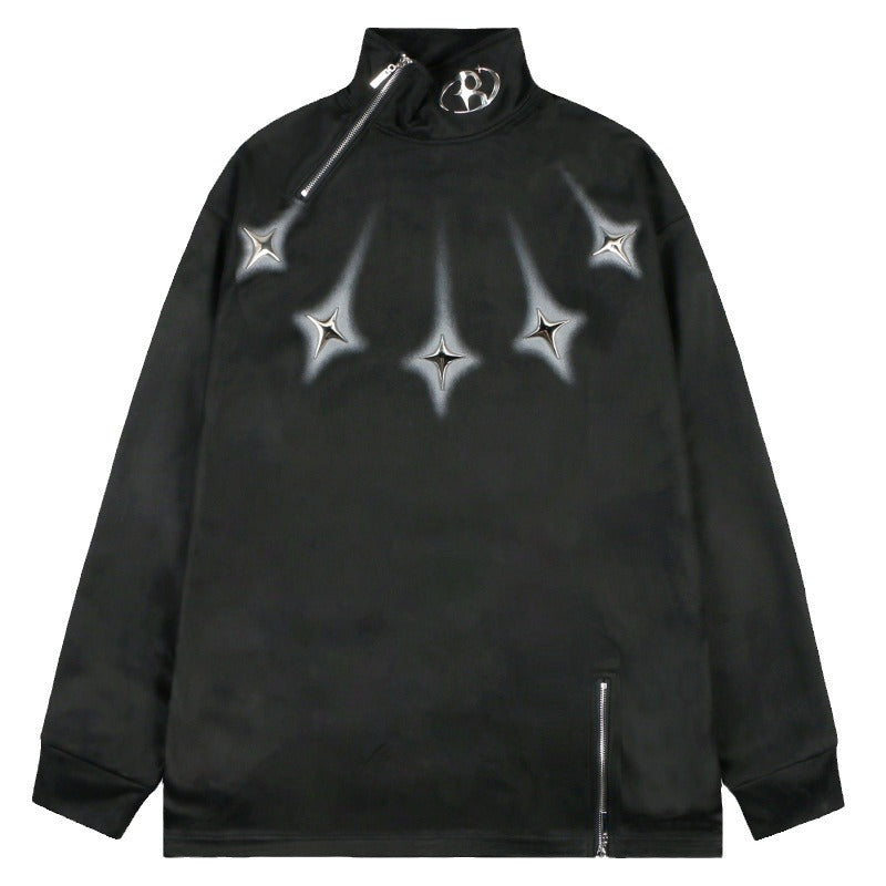 High-Neck Zip Pullover with Star Detail and Soft Fleece Texture for Modern Streetwear Style