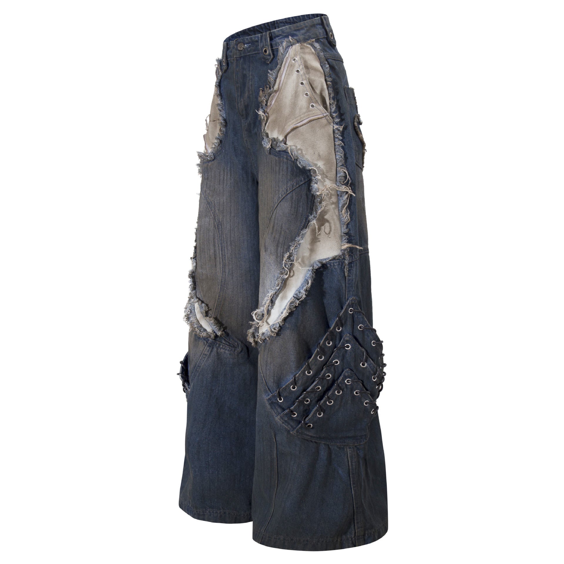 Vintage Patchwork Ripped Baggy Wide Leg Jeans with Raw Stitching and Oversized Side Pockets
