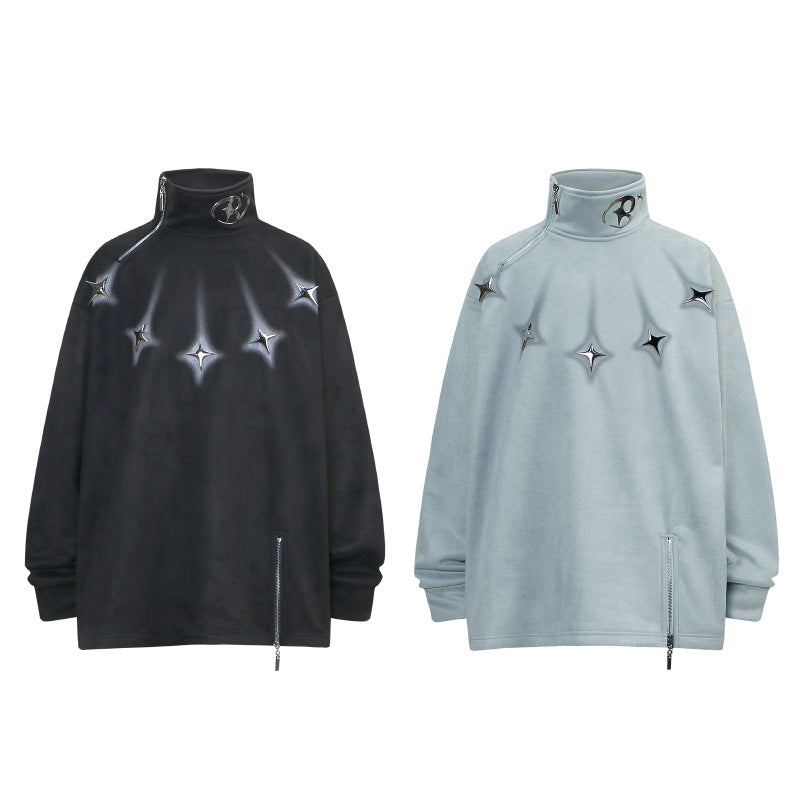 High-Neck Zip Pullover with Star Detail and Soft Fleece Texture for Modern Streetwear Style