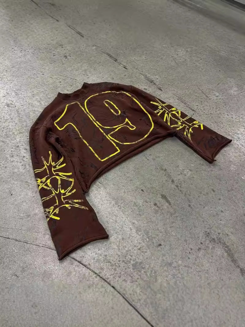 Graffiti Print Spray Fade Number Graphic Long Sleeve Streetwear Tee