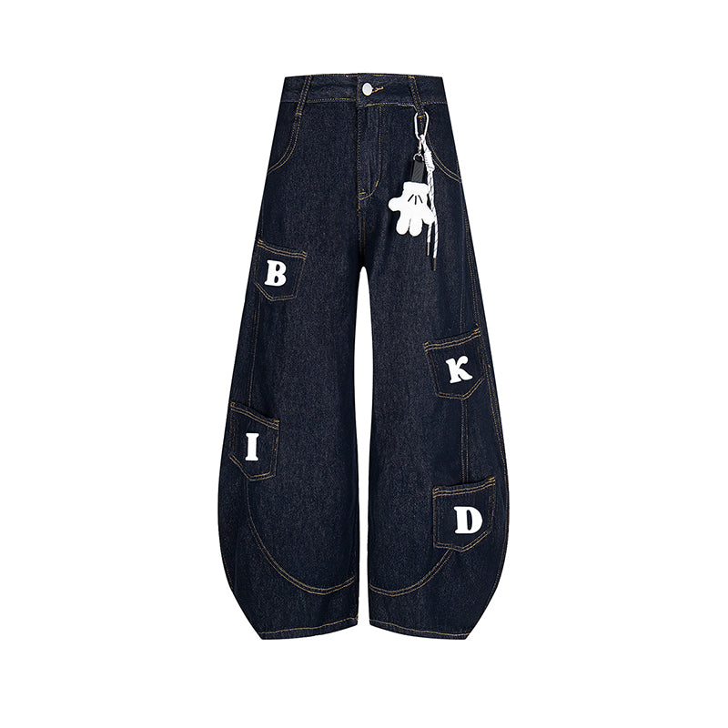 Retro Wide-Leg Denim Pants with Multi-Pocket Patch Details and Playful Streetwear Design