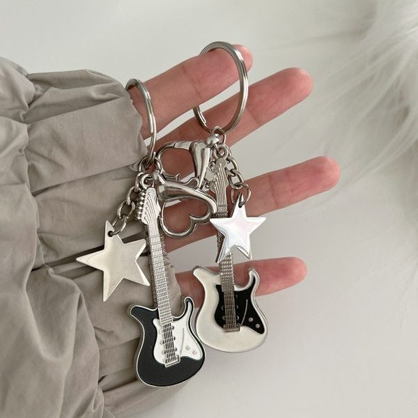 Metal Guitar Keychain with Star Accent in Black or White Y2K Design