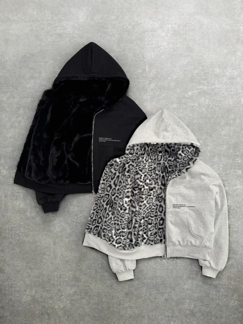 Reversible Zip Up Fleece Hoodie with Leopard Lining