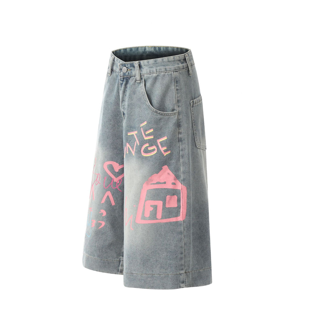 Streetwear Printed Denim Shorts with Colorful Graffiti Design