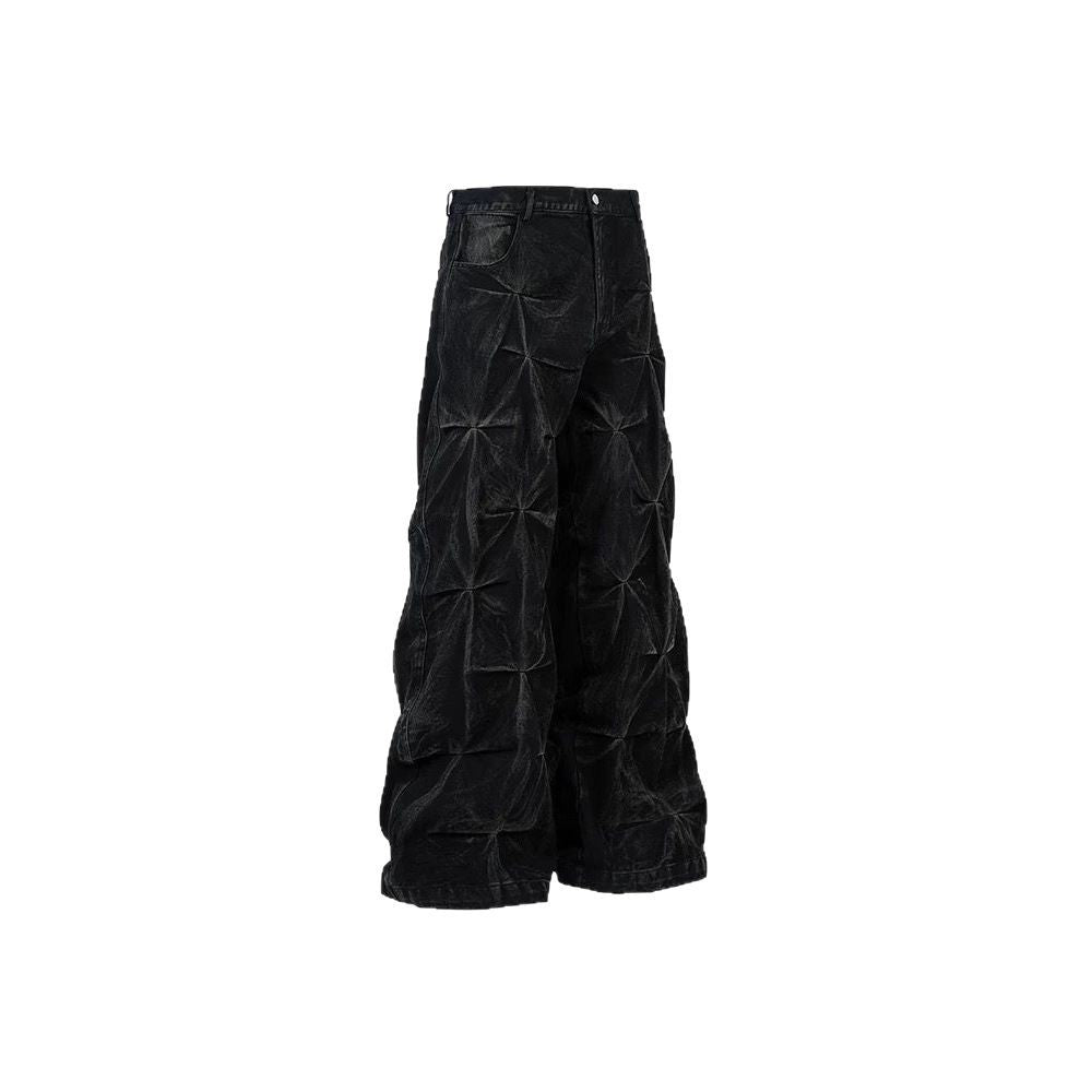 Wide-Leg Textured Denim Jeans with Geometric Pleated Design in Black