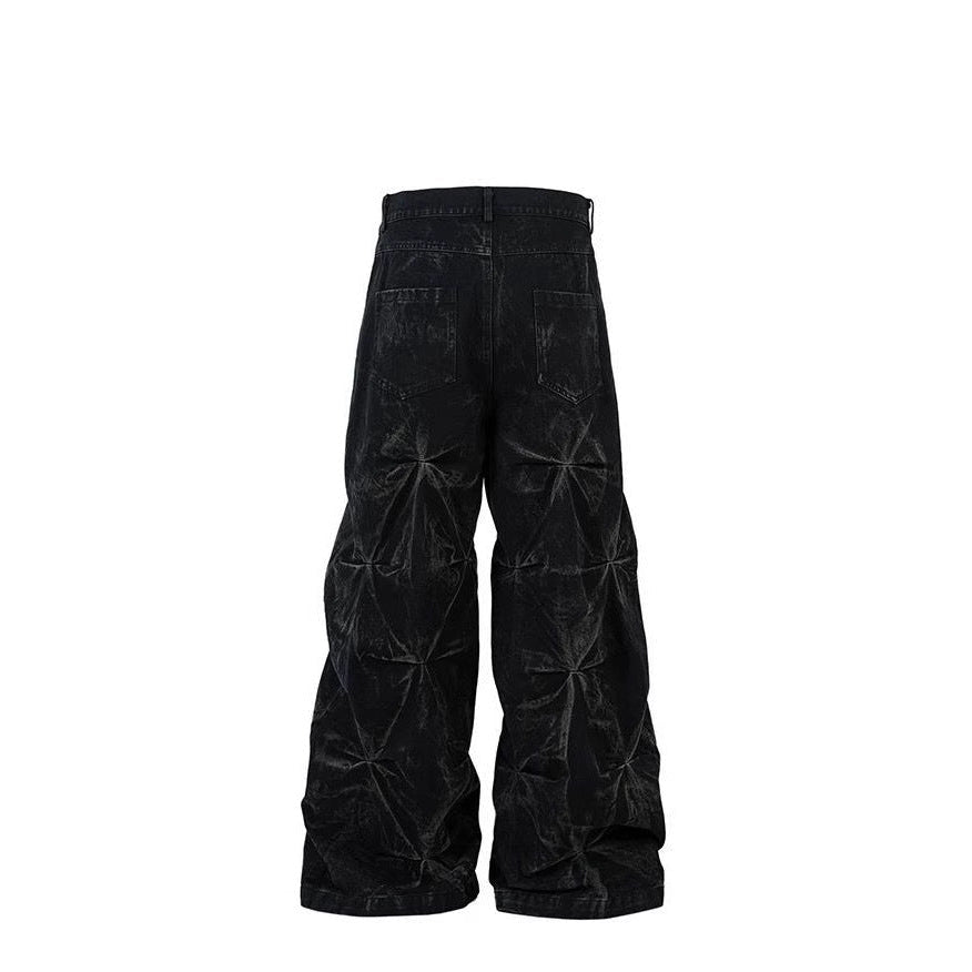 Wide-Leg Textured Denim Jeans with Geometric Pleated Design in Black