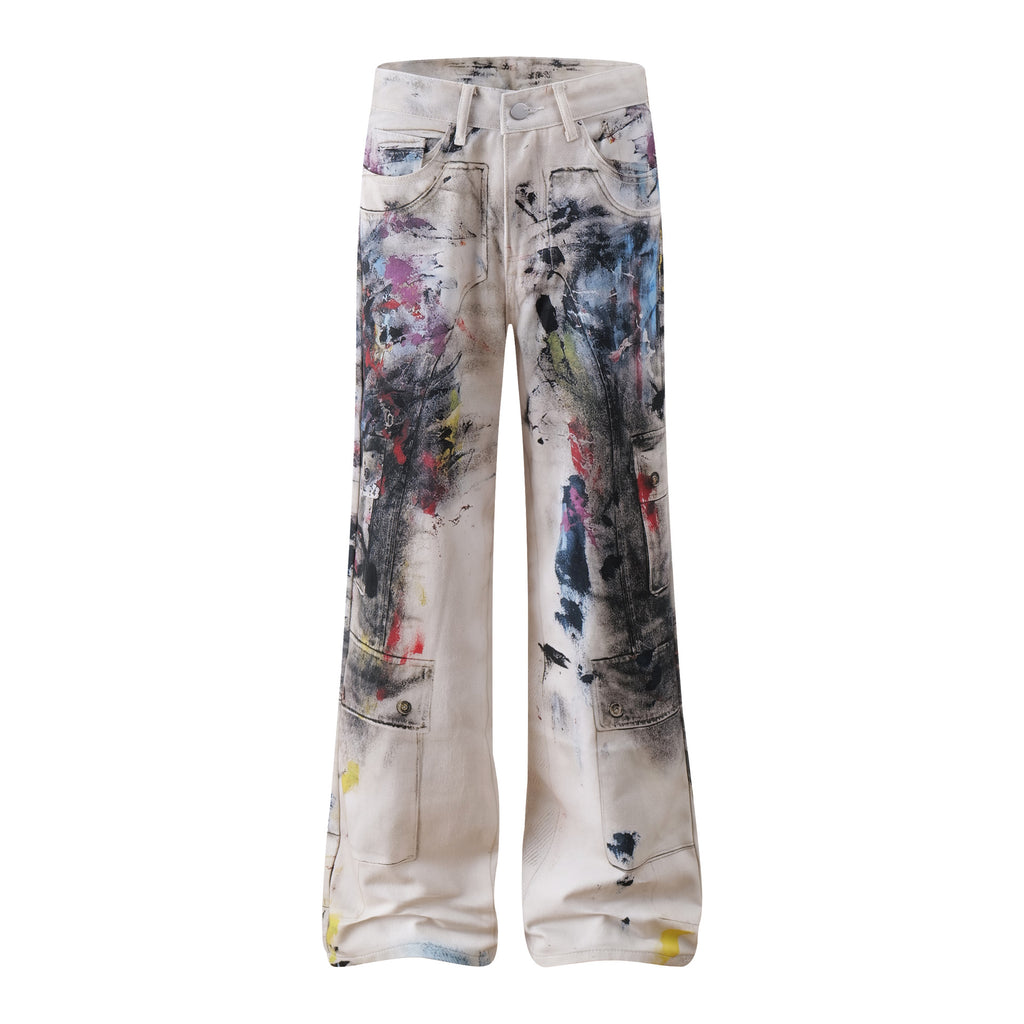 Graffiti Print Wide-Leg Jeans with Paint-Splatter Design