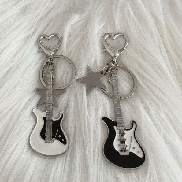 Metal Guitar Keychain with Star Accent in Black or White Y2K Design