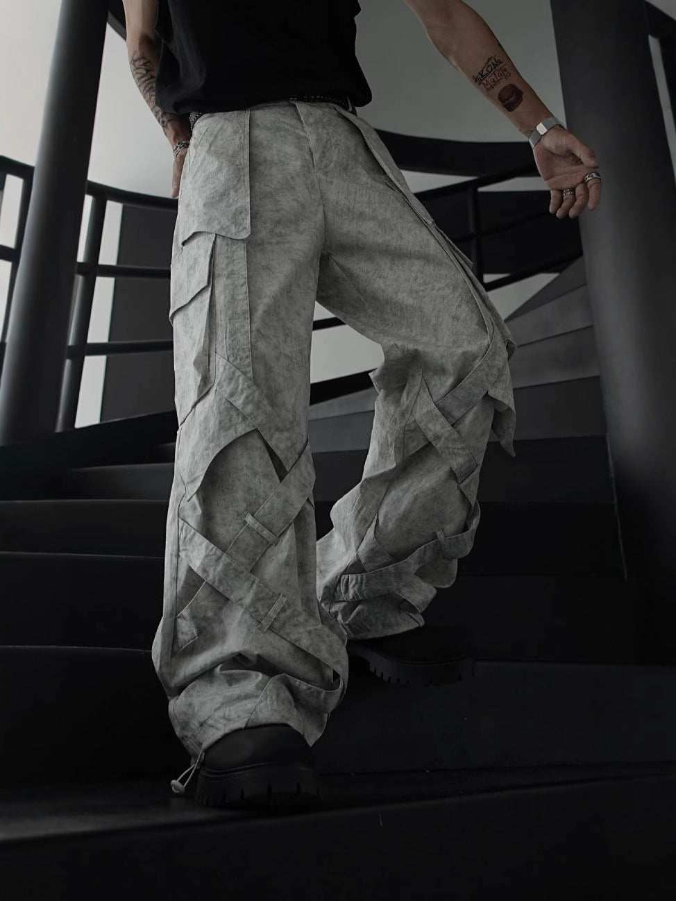 Layered Wide-Leg Cargo Pants in Washed Gray