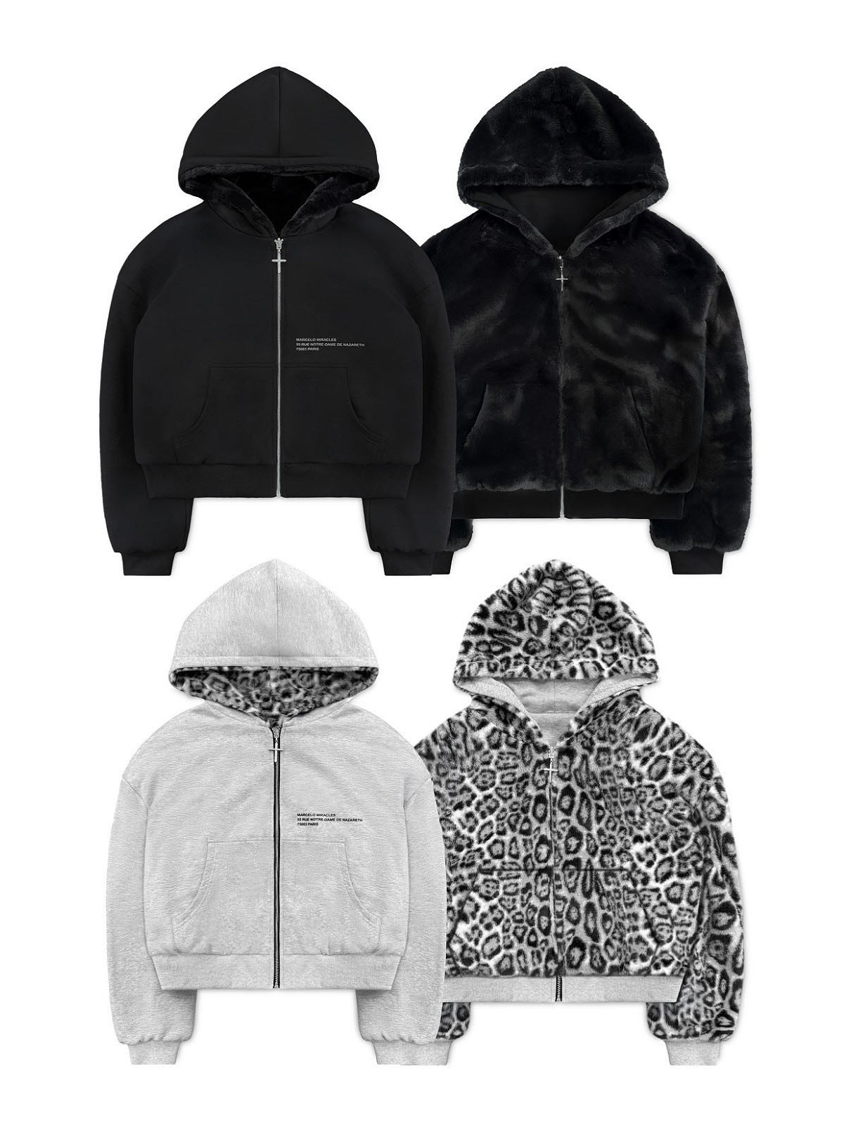 Reversible Zip Up Fleece Hoodie with Leopard Lining