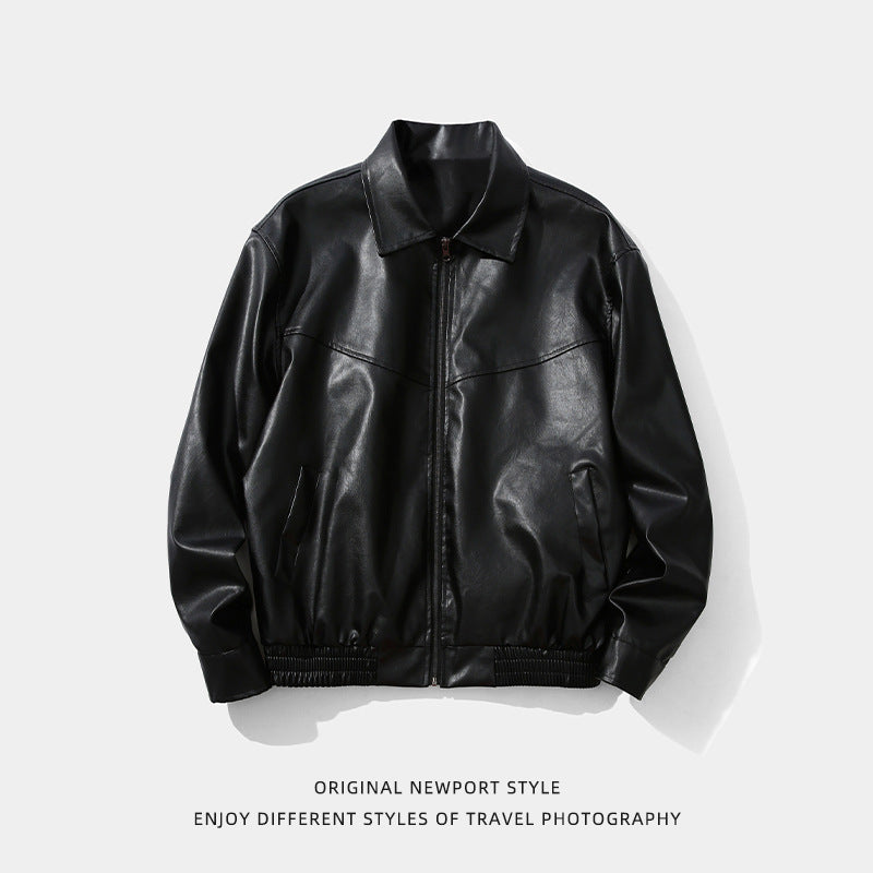 Black Faux Leather Zip Jacket with Relaxed Fit