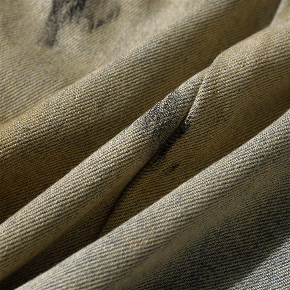 Wide-Leg Distressed Denim Jeans with Mud-Wash Finish and Creased Textured Details