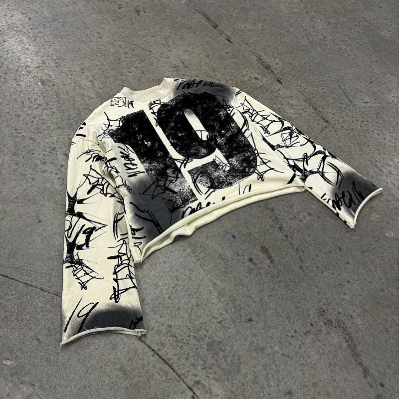 Graffiti Print Spray Fade Number Graphic Long Sleeve Streetwear Tee