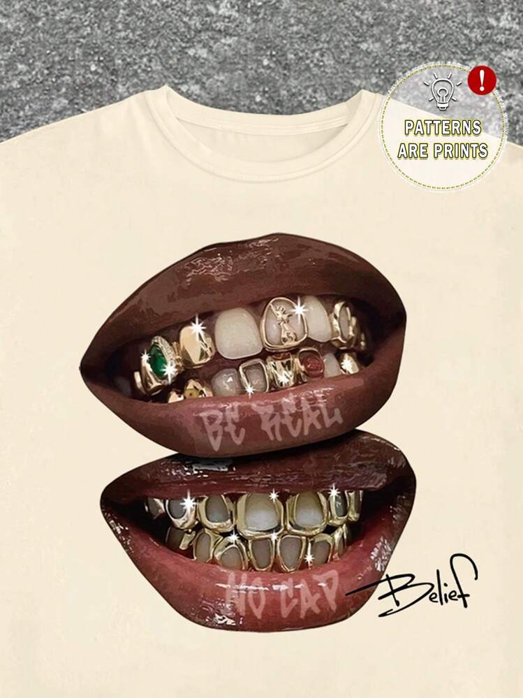 Graphic Lip Print Tee with Gold Grills ? Casual Streetwear T-Shirt
