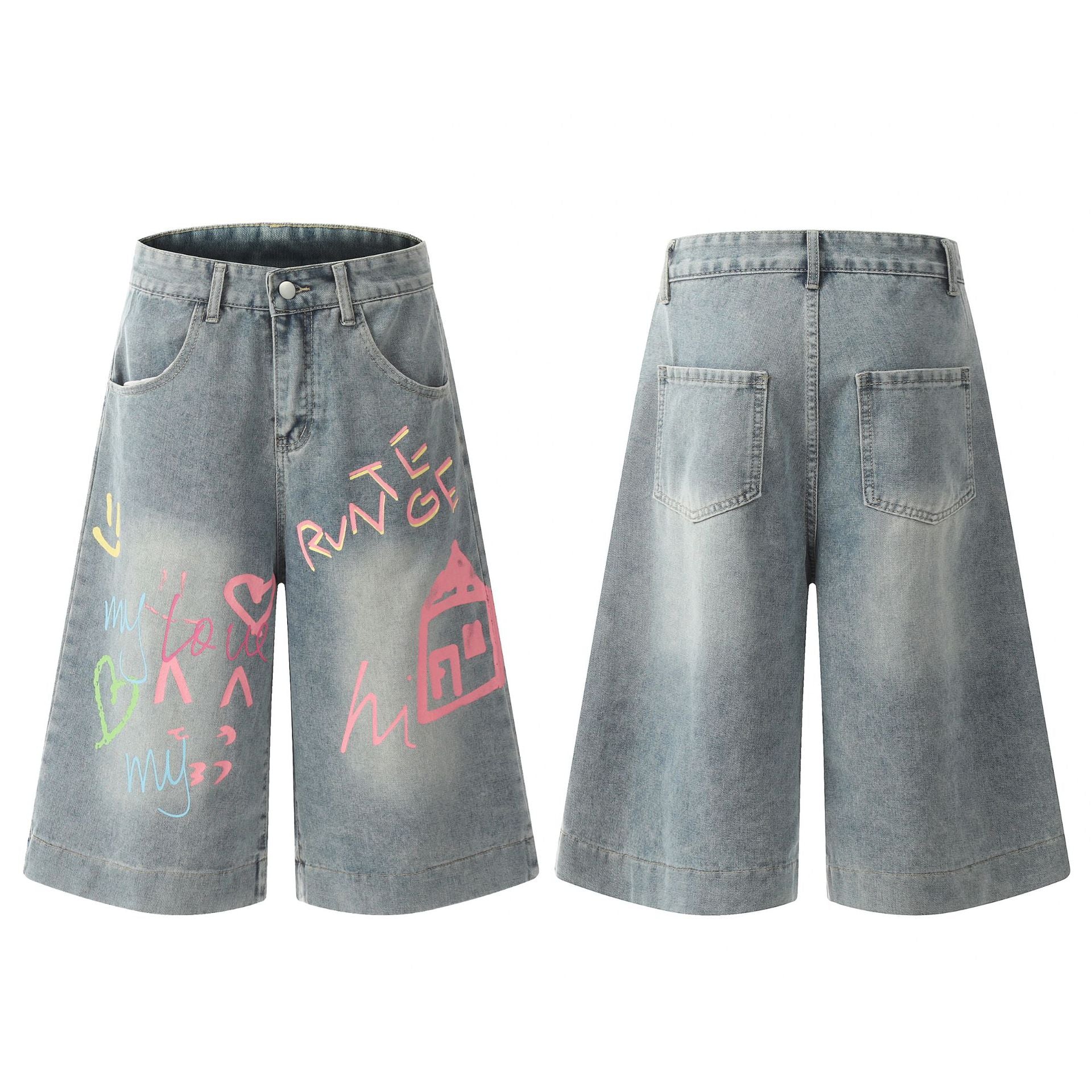 Streetwear Printed Denim Shorts with Colorful Graffiti Design
