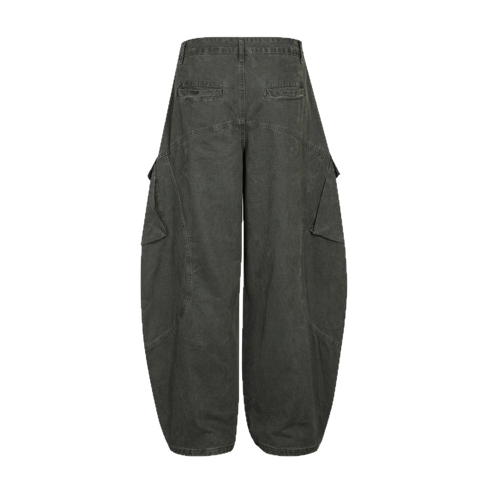 Wide-Leg Denim Pants with Paneled Cargo Details in Light or Dark Gray