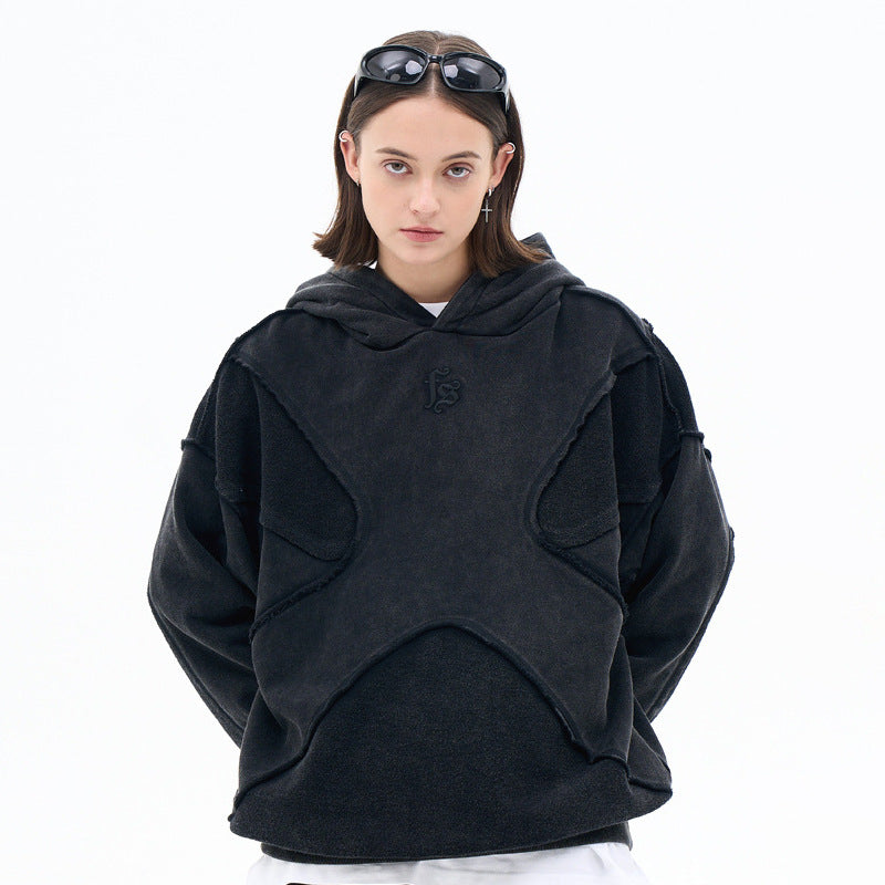 Textured High-Street Hoodie with Raw Seam Detailing in Gray or Black