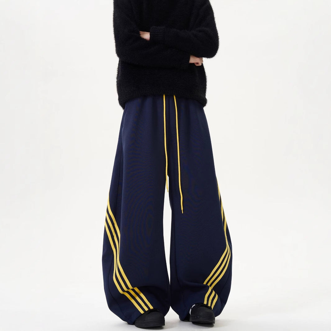 Striped Wide-Leg Sweatpants with Color-Block Detail and Adjustable Drawstring Waist