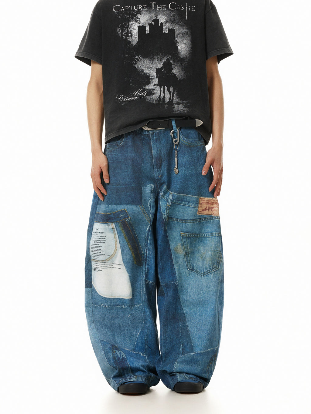 Printed Wide-Leg Jeans with Patchwork Details in Blue Streetwear Style