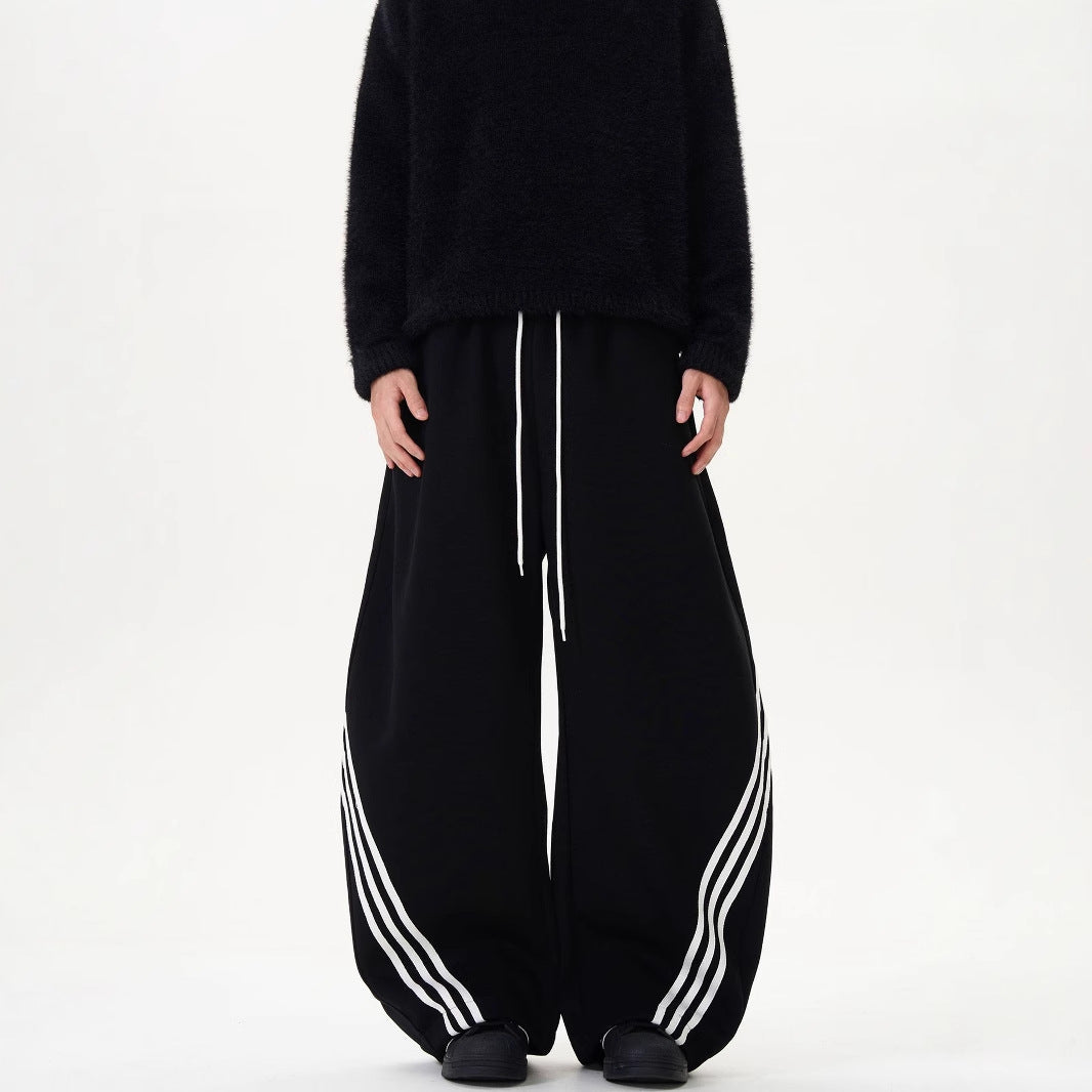 Striped Wide-Leg Sweatpants with Color-Block Detail and Adjustable Drawstring Waist