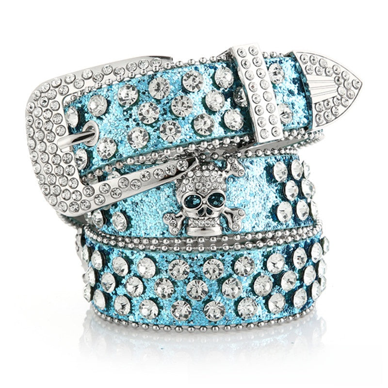 Rhinestone Studded Belt with Skull Hardware Accent