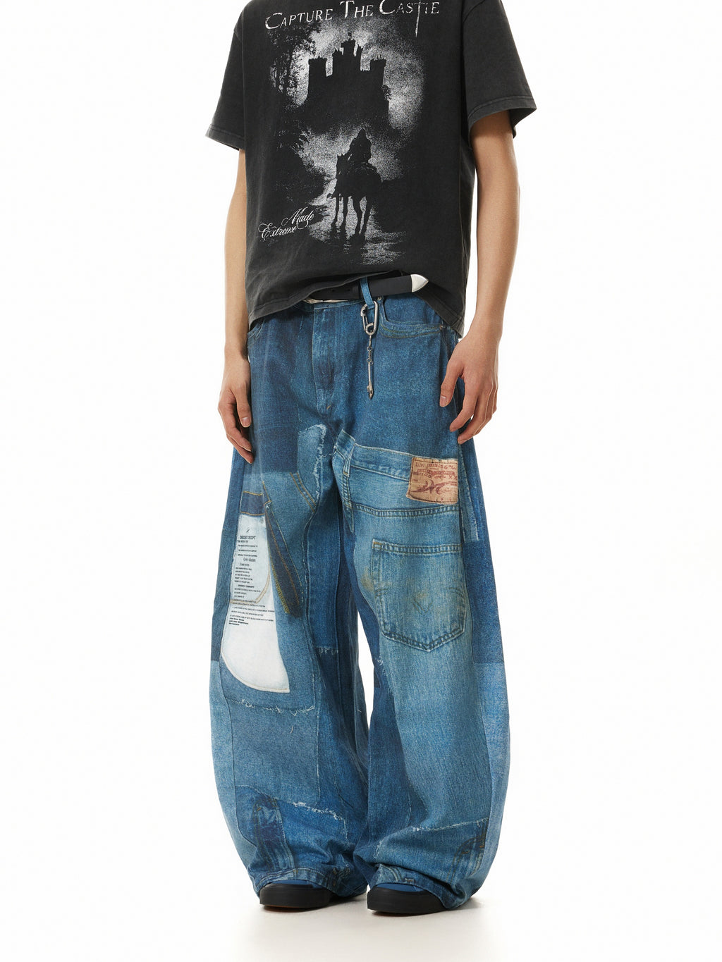 Printed Wide-Leg Jeans with Patchwork Details in Blue Streetwear Style