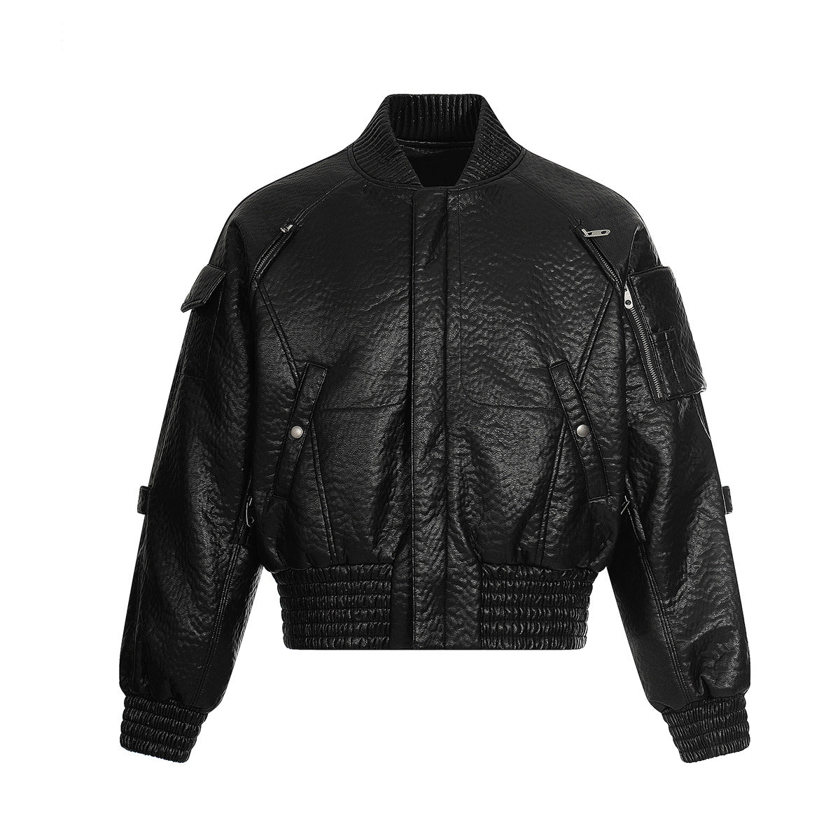 Padded PU Leather Streetwear Jacket with Zippered Pockets and Structured Ribbed Hem Design