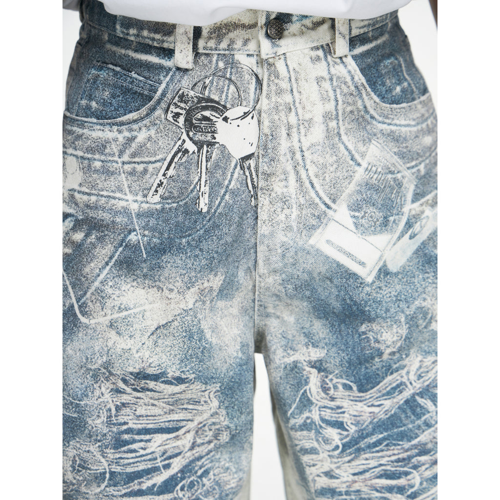 Wide-Leg Distressed Denim Jeans with Acid Wash Texture
