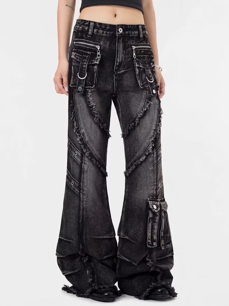 Distressed Black Wide Leg Jeans with Frayed Panels, Cargo Details, and Retro Streetwear Silhouette