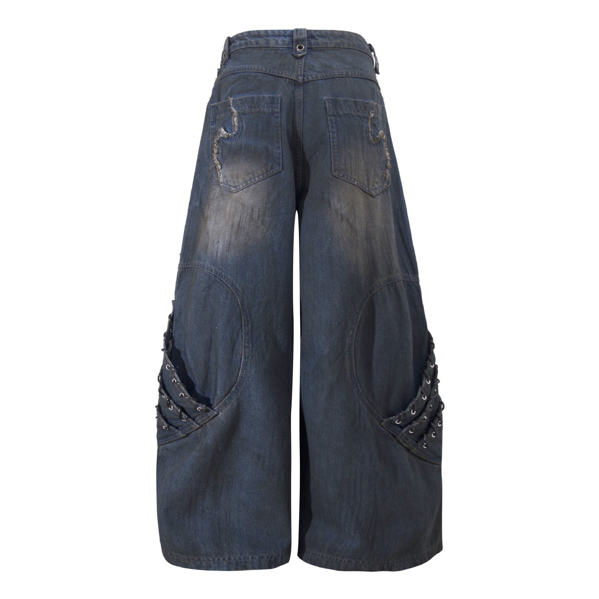 Vintage Patchwork Ripped Baggy Wide Leg Jeans with Raw Stitching and Oversized Side Pockets