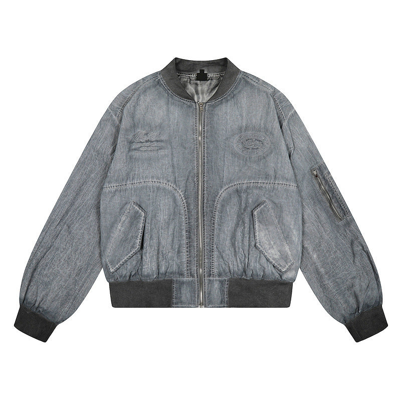 Washed Aviator Bomber Jacket with Distressed Detailing and Ribbed Hem Vintage Streetwear Style