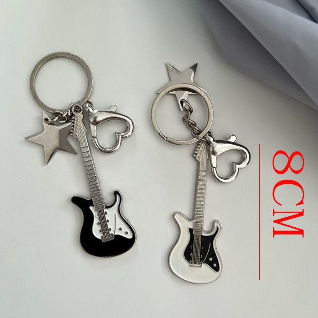 Metal Guitar Keychain with Star Accent in Black or White Y2K Design