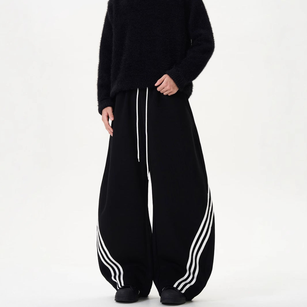 Striped Wide-Leg Sweatpants with Color-Block Detail and Adjustable Drawstring Waist