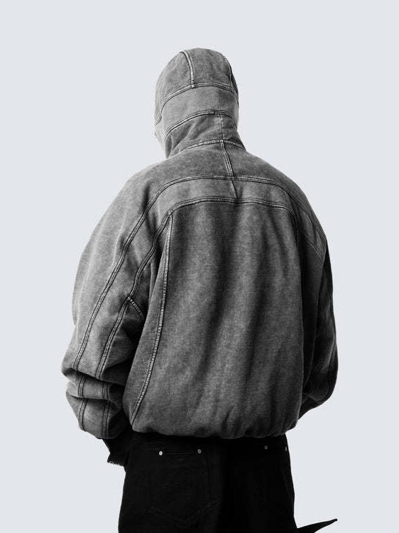 High-Neck Zip Pullover Jacket with Washed Texture and Oversized Streetwear Silhouette