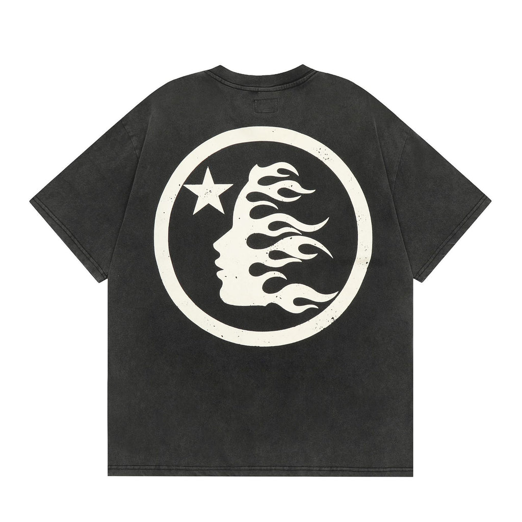 Vintage Washed Graphic T-Shirt with Retro Moon and Star Print in Black