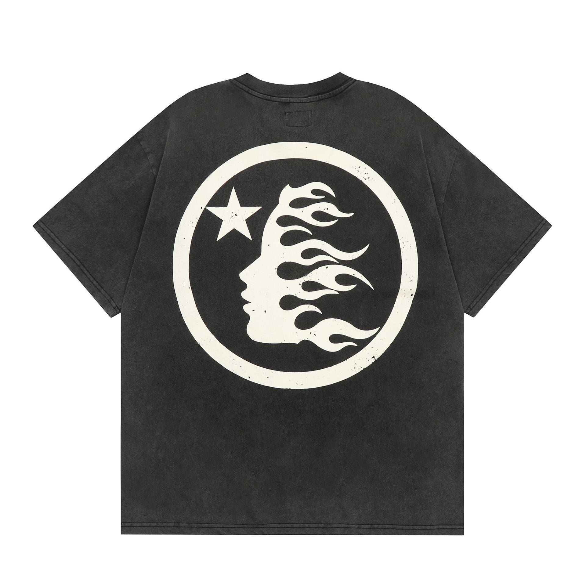 Vintage Washed Graphic T-Shirt with Retro Moon and Star Print in Black
