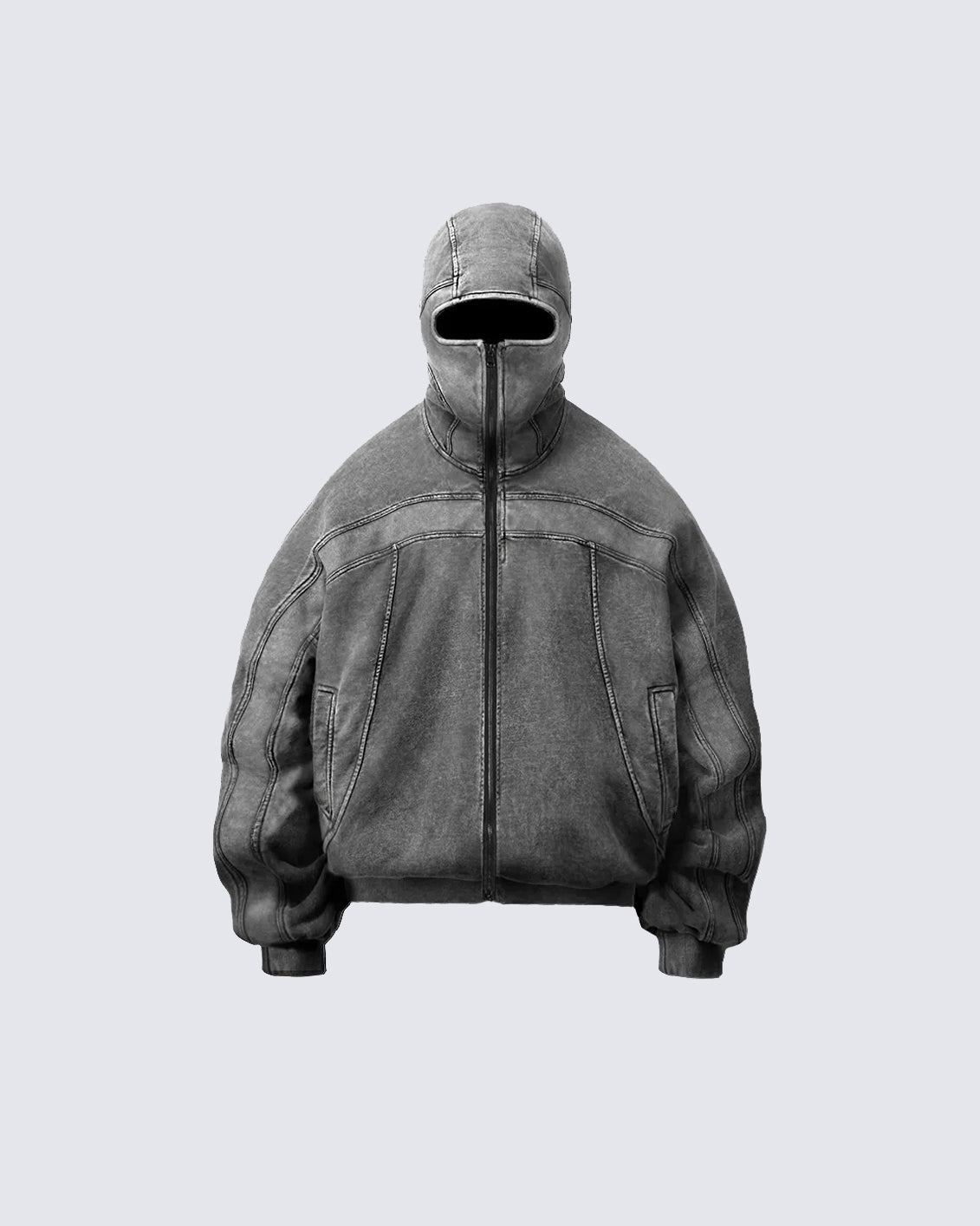 High-Neck Zip Pullover Jacket with Washed Texture and Oversized Streetwear Silhouette