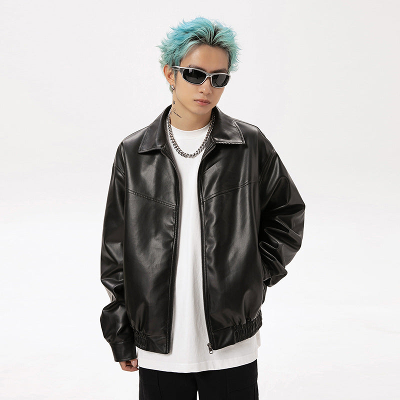 Black Faux Leather Zip Jacket with Relaxed Fit