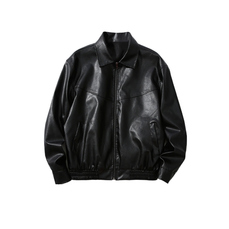 Black Faux Leather Zip Jacket with Relaxed Fit