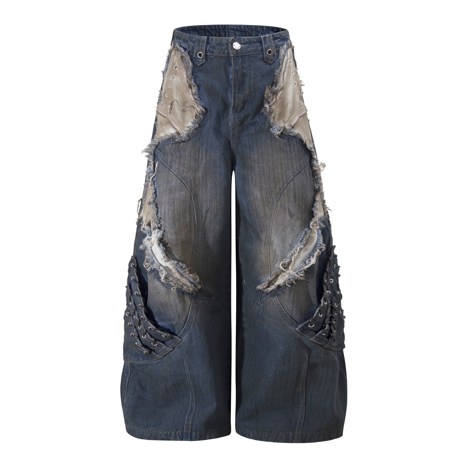 Vintage Patchwork Ripped Baggy Wide Leg Jeans with Raw Stitching and Oversized Side Pockets
