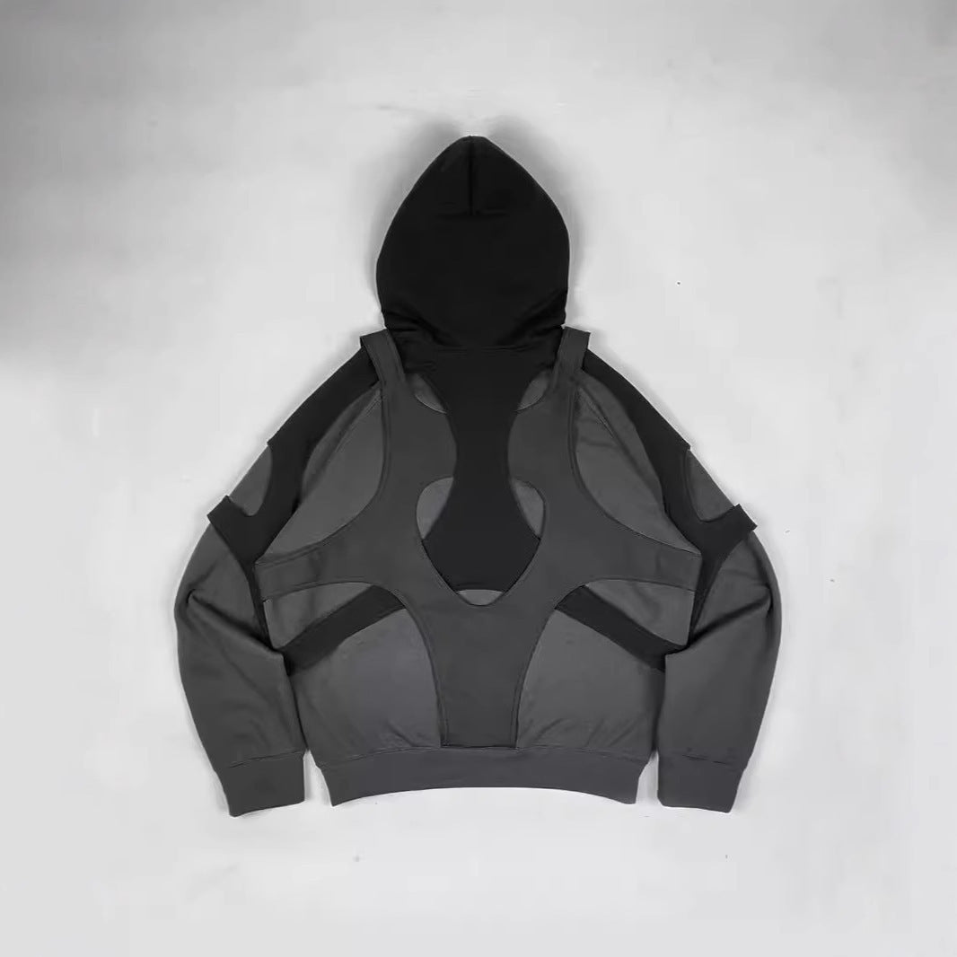 Dark Gray Hooded Pullover with Layered Cutout Panels and Modern Irregular Patchwork Design
