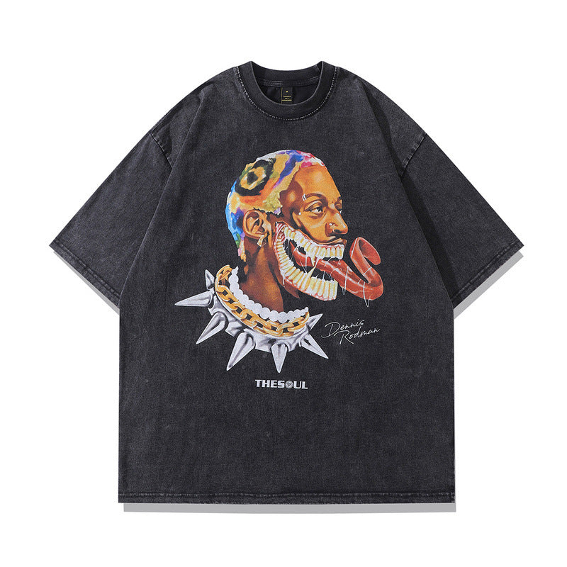 Vintage Washed Graphic Tee with Color Portrait Design