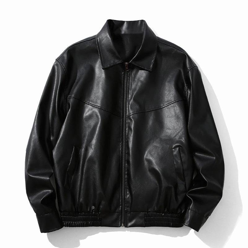 Black Faux Leather Zip Jacket with Relaxed Fit