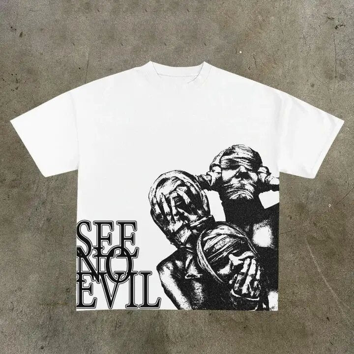 Graphic Streetwear T-Shirt with ?See No Evil? Print in Black and White