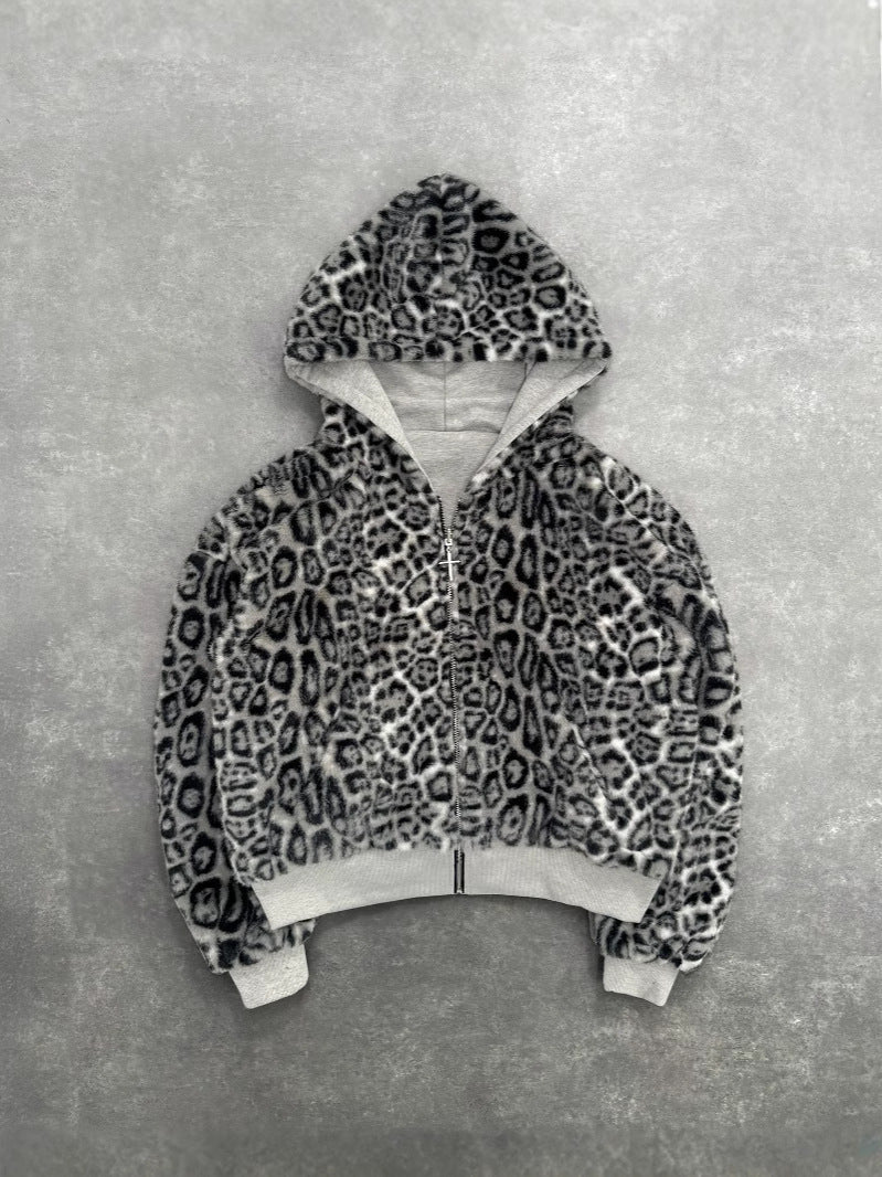 Reversible Zip Up Fleece Hoodie with Leopard Lining
