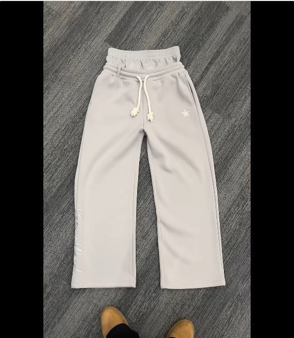 Embroidered Double-Waist Sweatpants with Relaxed Straight-Leg Fit