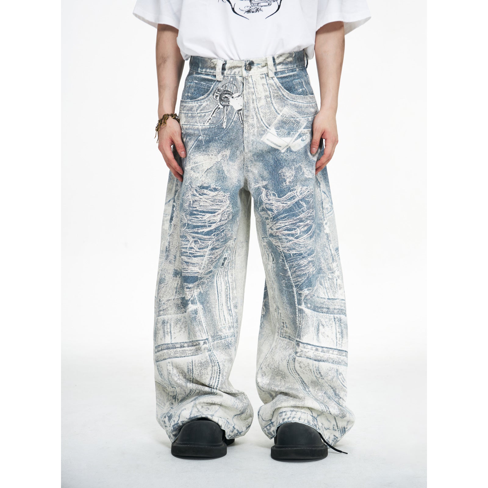 Wide-Leg Distressed Denim Jeans with Acid Wash Texture