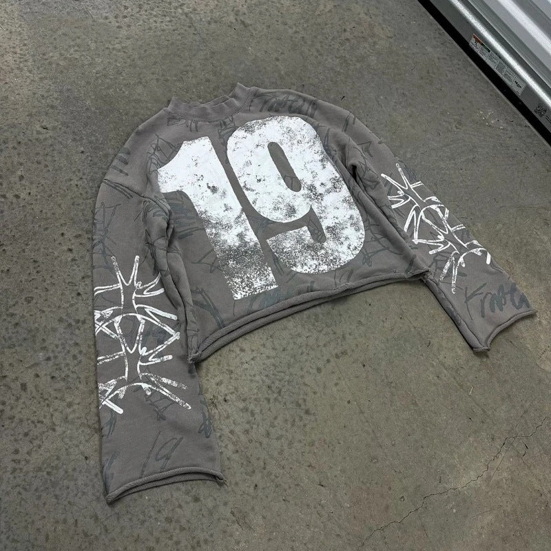 Graffiti Print Spray Fade Number Graphic Long Sleeve Streetwear Tee