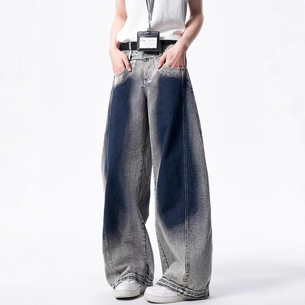 Oversized Gradient Wash Denim Jeans with Wide Leg Silhouette and Soft Fade Retro Streetwear Style
